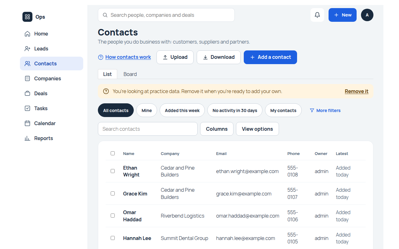 Your contacts, with quick filters and the latest from each one.