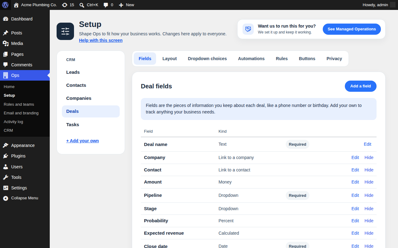 Changing modules and fields in Ops > Setup